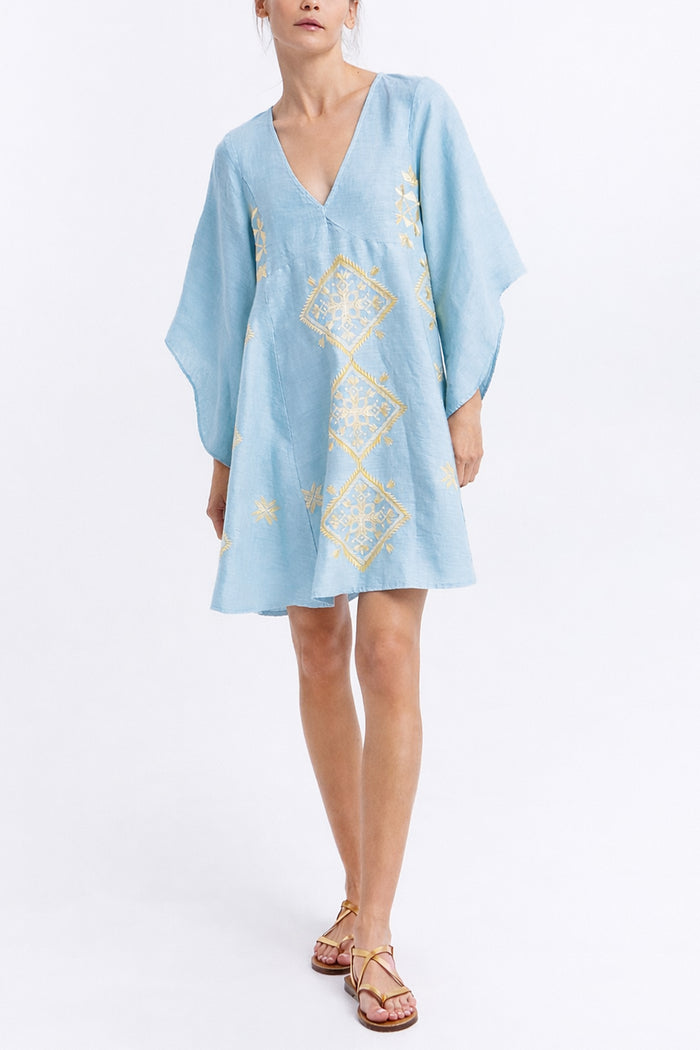 SHORT LINEN DRESS "LEFKADA" CIEL/GOLD