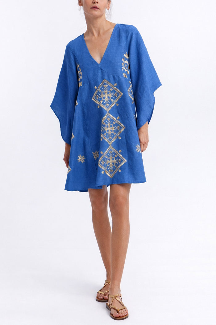 SHORT LINEN DRESS "LEFKADA" BLUE RAF/GOLD