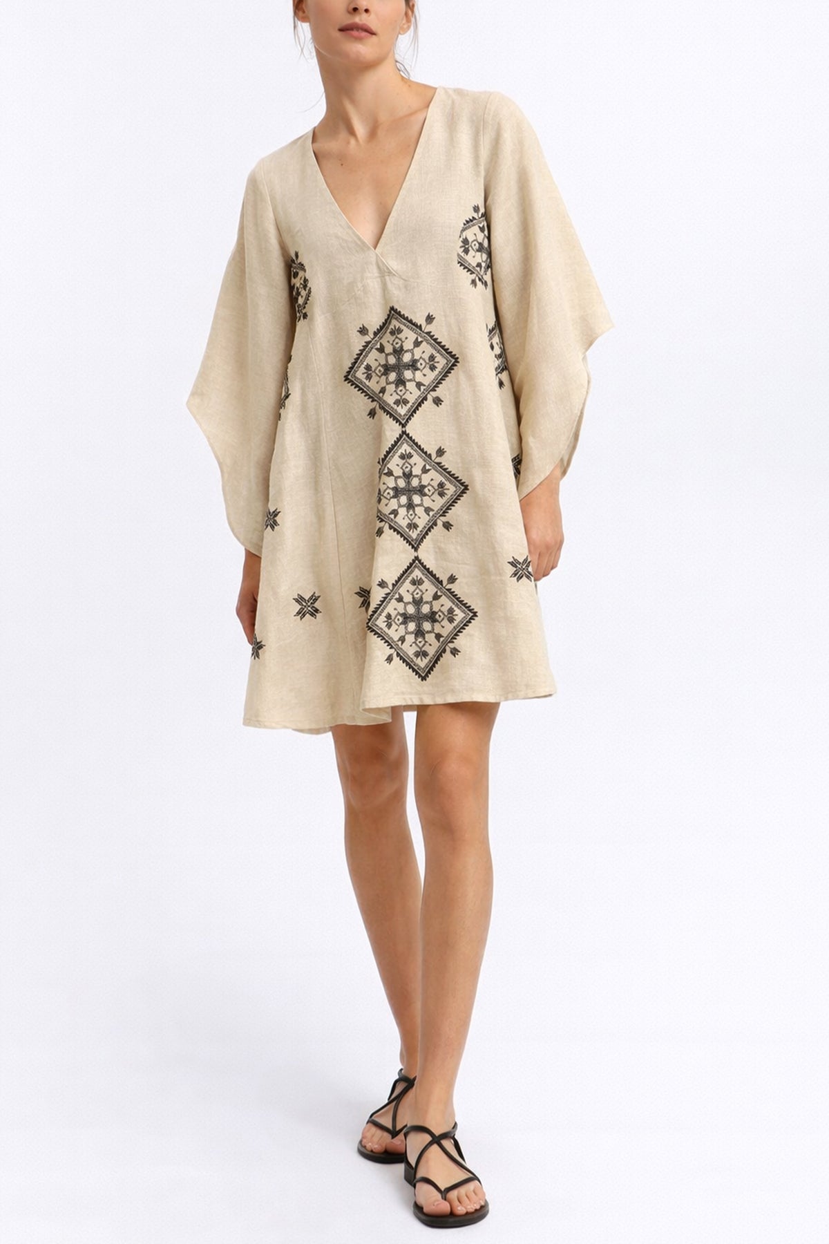 SHORT LINEN DRESS "LEFKADA" BEIGE/BLACK