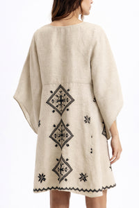 SHORT LINEN DRESS "LEFKADA" BEIGE/BLACK