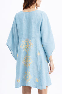 SHORT LINEN DRESS "LEFKADA" CIEL/GOLD