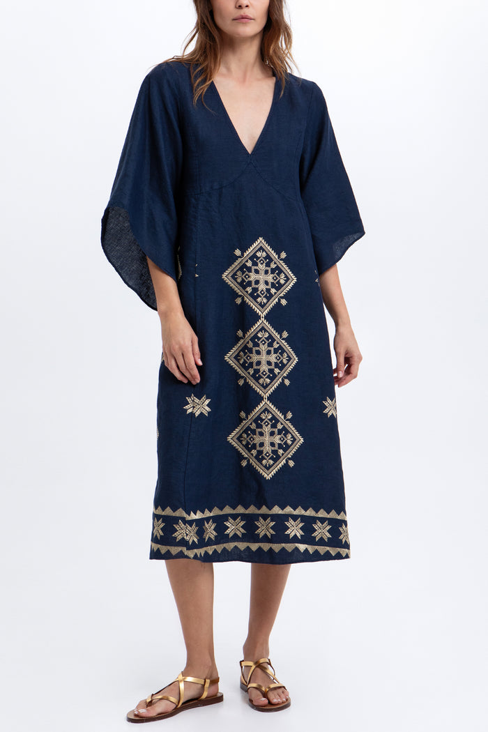 MIDI LINEN DRESS "LEFKADA" NAVY/GOLD