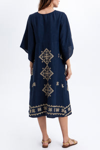 MIDI LINEN DRESS "LEFKADA" NAVY/GOLD