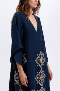 MIDI LINEN DRESS "LEFKADA" NAVY/GOLD