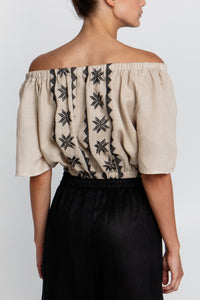 OFF SHOULDER LINEN CROP TOP "LEFKADA" BEIGE/BLACK