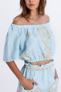 OFF SHOULDER CROP TOP "LEFKADA" CIEL/GOLD