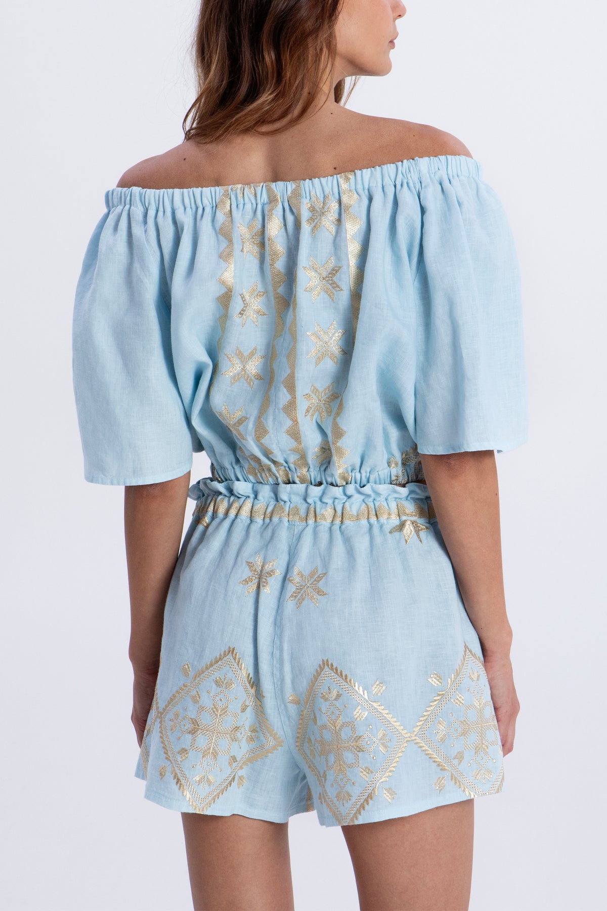 OFF SHOULDER CROP TOP "LEFKADA" CIEL/GOLD