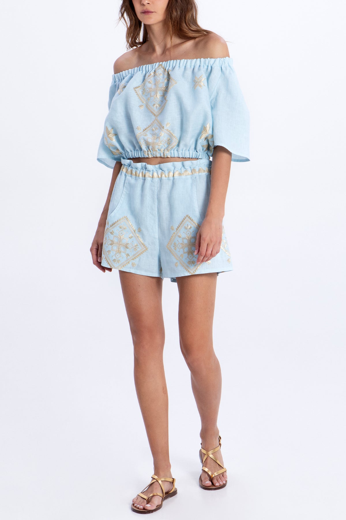 OFF SHOULDER CROP TOP "LEFKADA" CIEL/GOLD