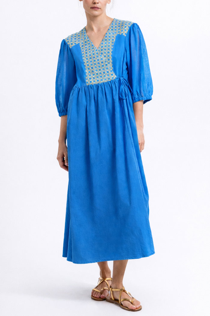 MIDI COTTON WRAP DRESS "CROSS" BLUE RAF/GOLD