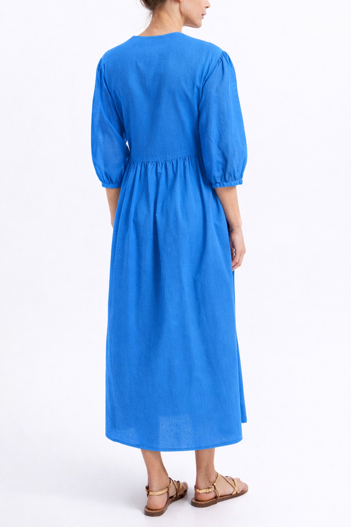 MIDI COTTON WRAP DRESS "CROSS" BLUE RAF/GOLD