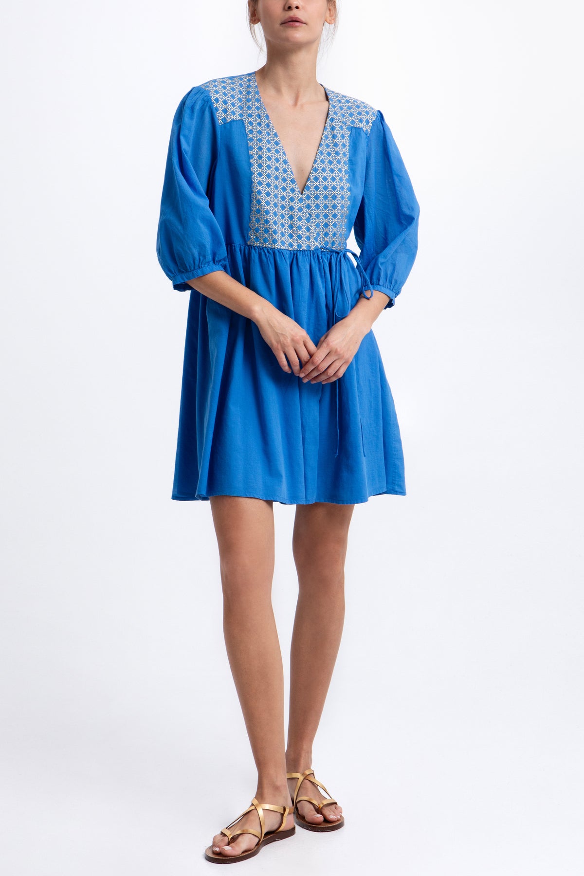 SHORT COTTON WRAP DRESS "CROSS" BLUE RAF/GOLD