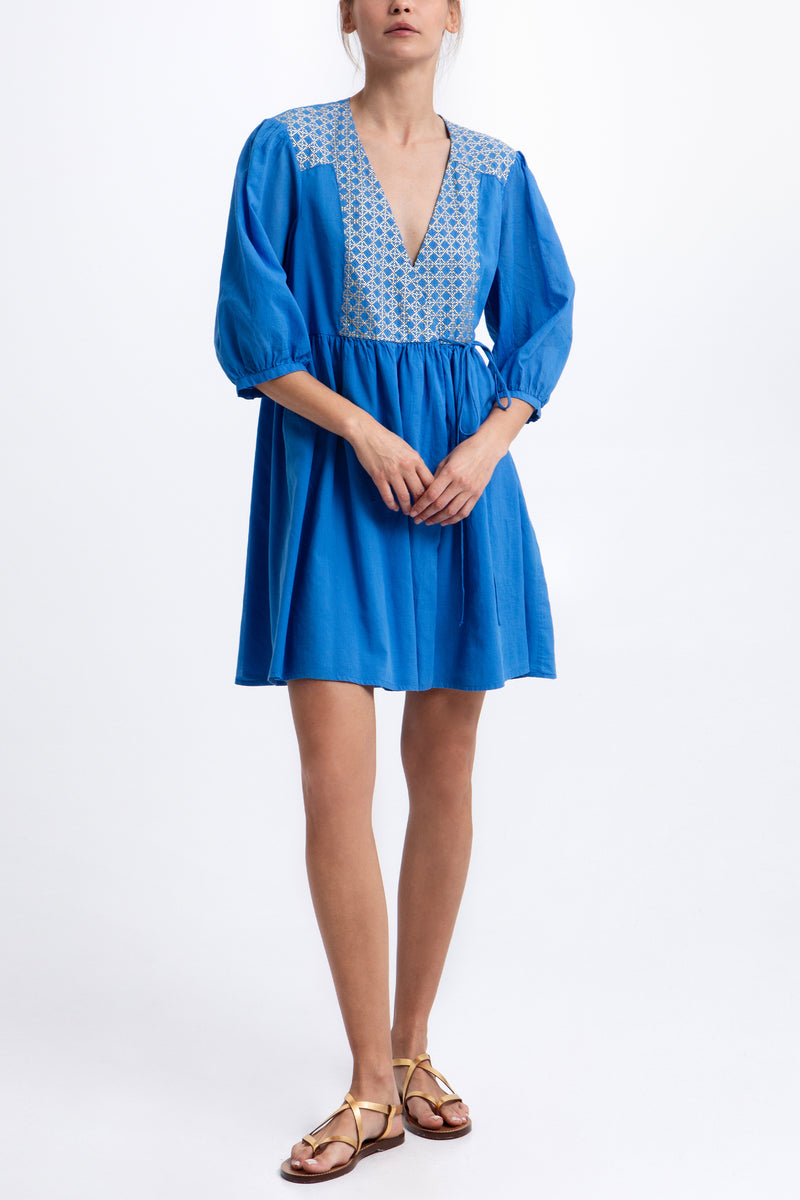 SHORT COTTON WRAP DRESS "CROSS" BLUE RAF/GOLD