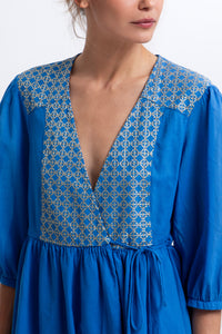 SHORT COTTON WRAP DRESS "CROSS" BLUE RAF/GOLD
