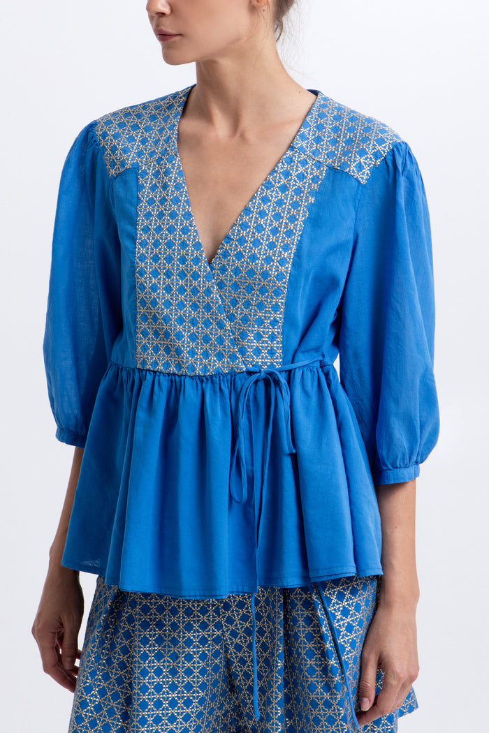 COTTON WRAP BLOUSE "CROSS" BLUE RAF/GOLD