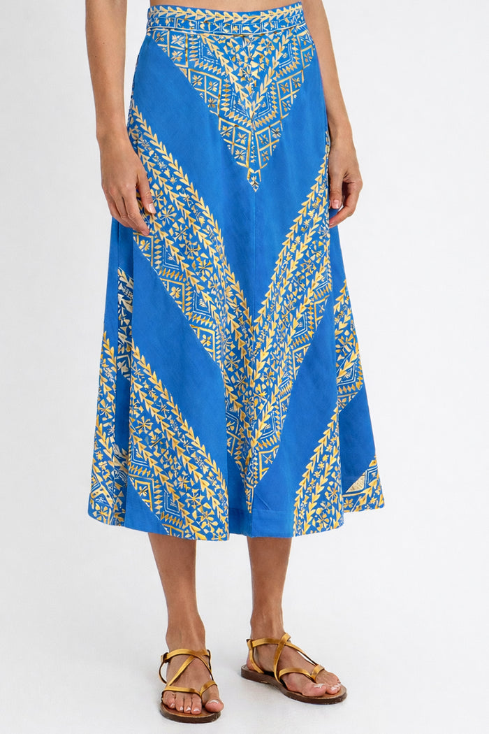 MIDI COTTON SKIRT "EMBROIDERED" BLUE RAF/GOLD