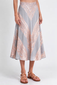 MIDI COTTON SKIRT "EMBROIDERED" LIGHT GREY/PINK