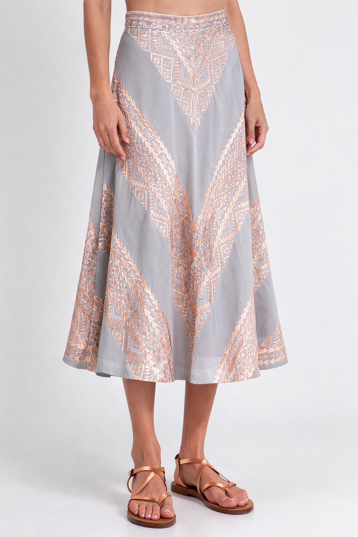 MIDI COTTON SKIRT "EMBROIDERED" LIGHT GREY/PINK