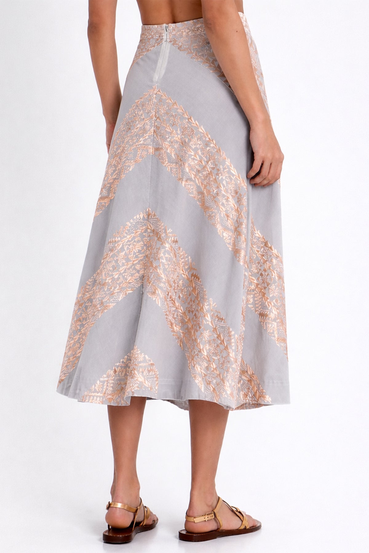 MIDI COTTON SKIRT "EMBROIDERED" LIGHT GREY/PINK