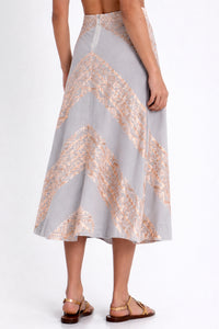 MIDI COTTON SKIRT "EMBROIDERED" LIGHT GREY/PINK