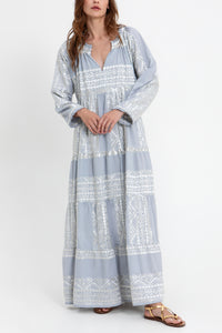 LONG COTTON DRESS "EMBROIDERED" LIGHT GREY/CHAMPAGNE