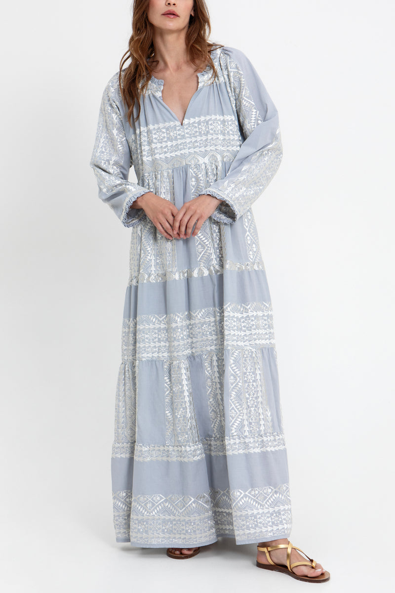LONG COTTON DRESS "EMBROIDERED" LIGHT GREY/CHAMPAGNE