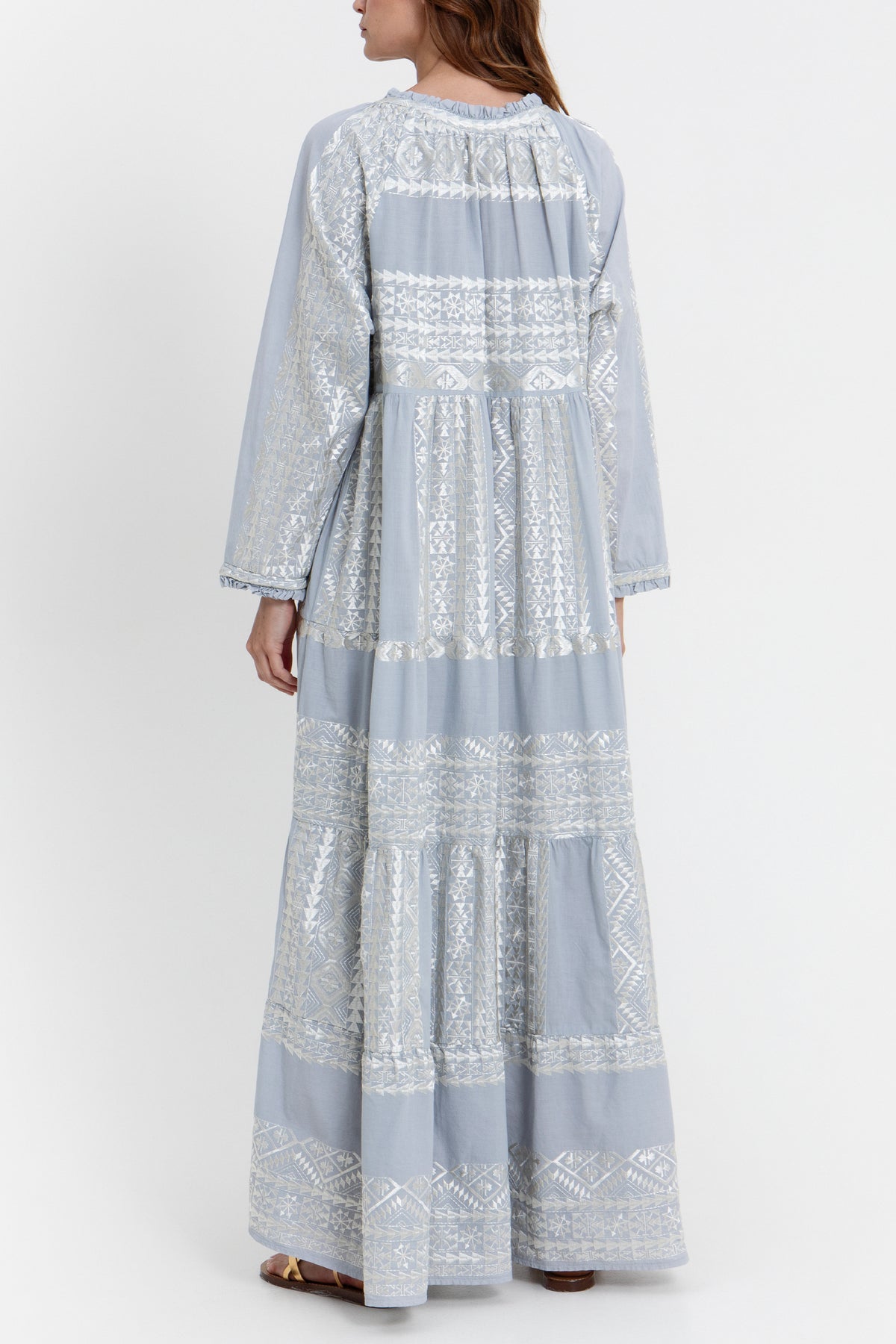 LONG COTTON DRESS "EMBROIDERED" LIGHT GREY/CHAMPAGNE