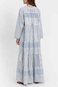 LONG COTTON DRESS "EMBROIDERED" LIGHT GREY/CHAMPAGNE