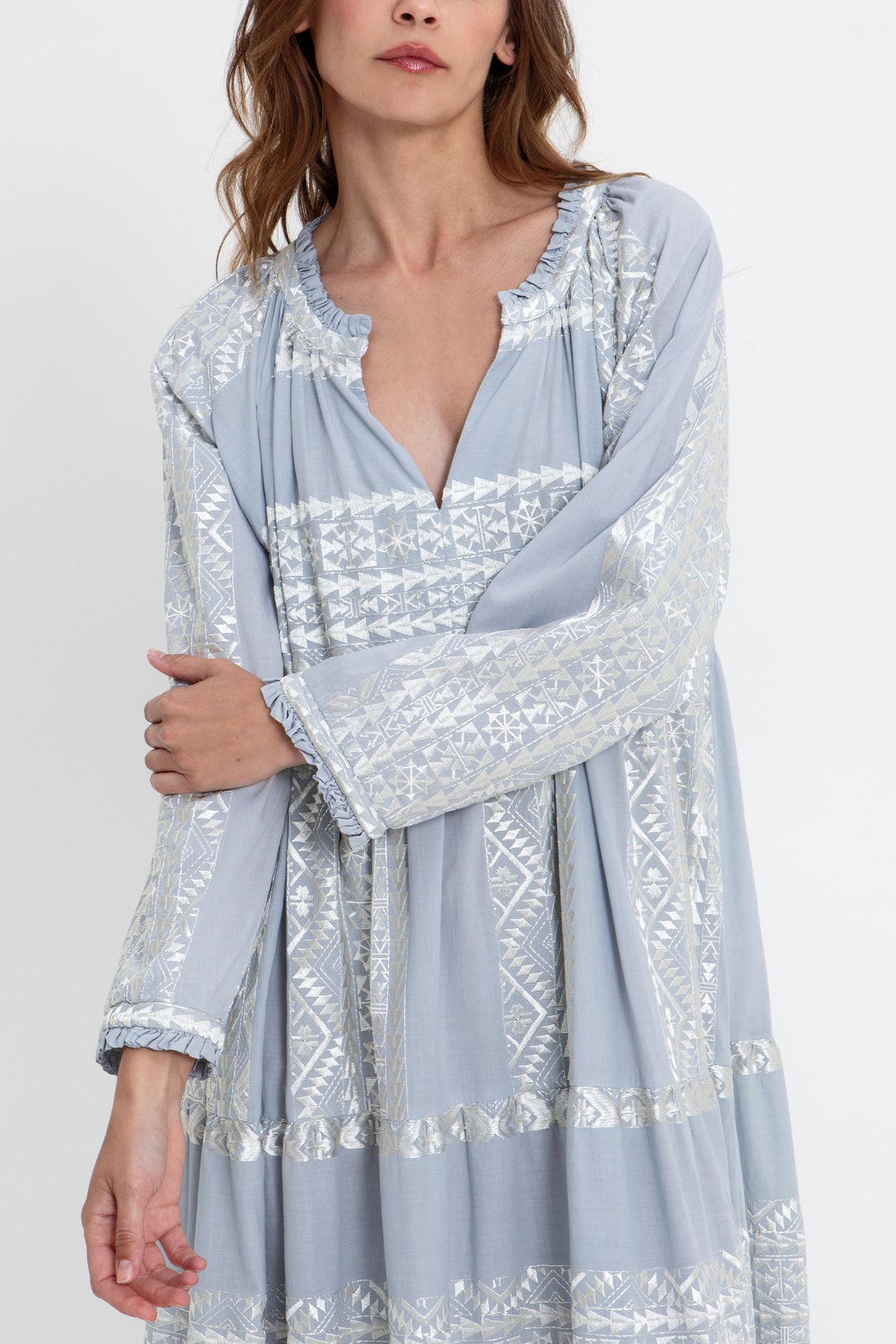 LONG COTTON DRESS "EMBROIDERED" LIGHT GREY/CHAMPAGNE