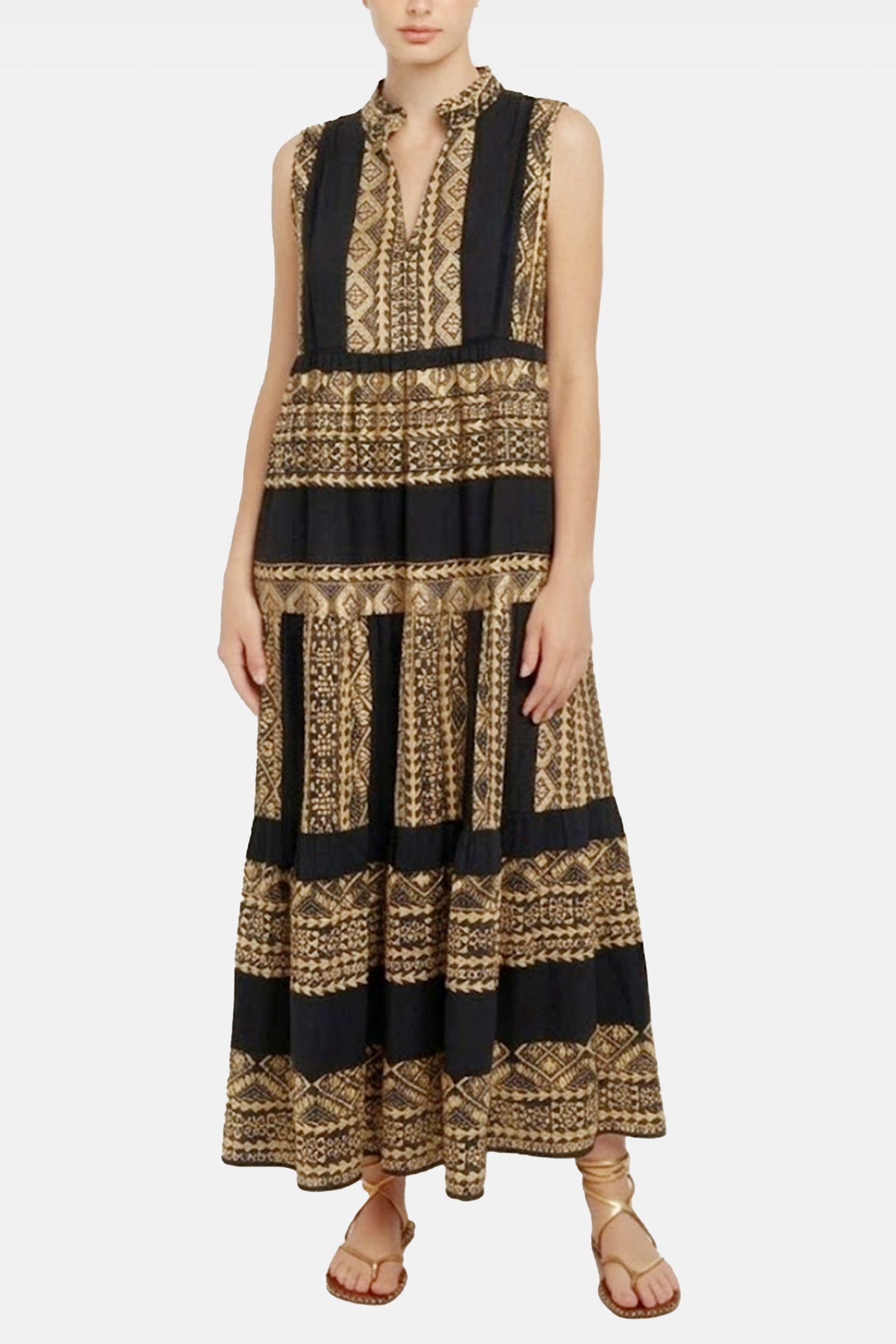 LONG SLEEVELESS COTTON DRESS "EMBROIDERED" BLACK/GOLD