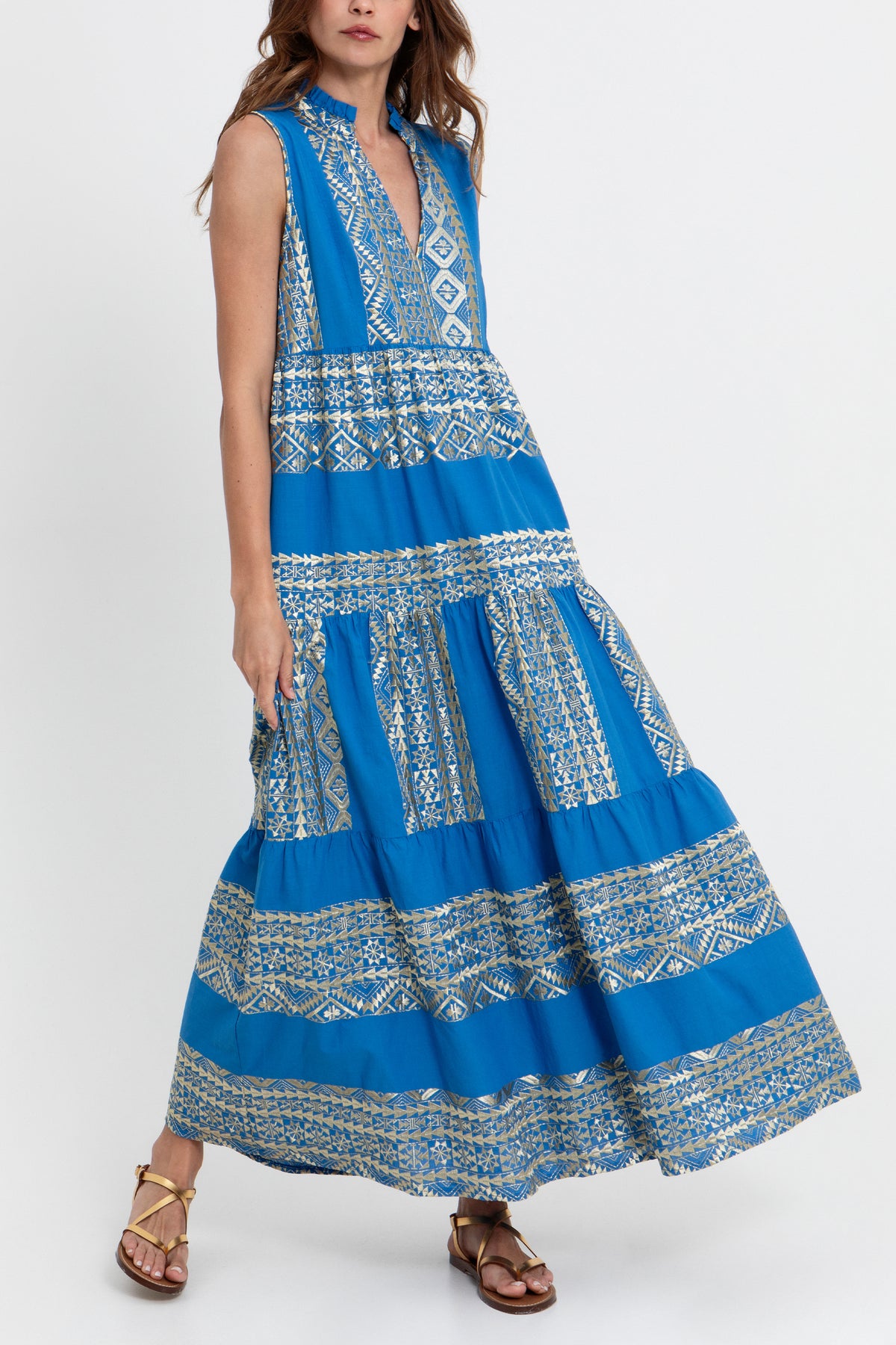 LONG SLEEVELESS COTTON DRESS "EMBROIDERED" BLUE RAF/GOLD