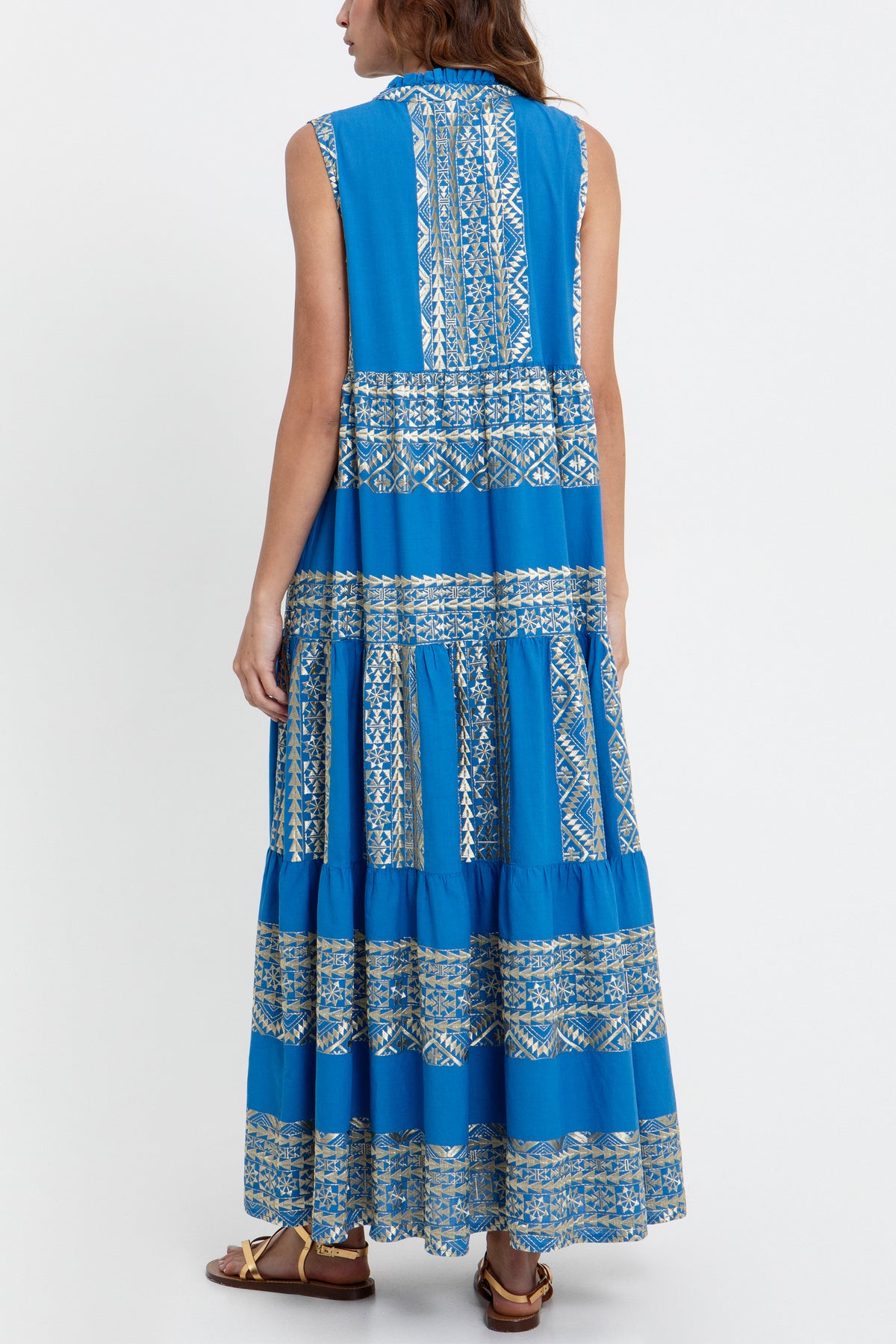 LONG SLEEVELESS COTTON DRESS "EMBROIDERED" BLUE RAF/GOLD