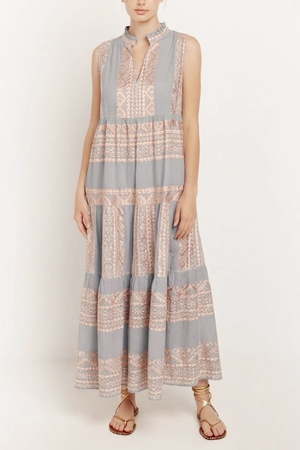 LONG SLEEVELESS COTTON DRESS "EMBROIDERED" LIGHT GREY/PINK