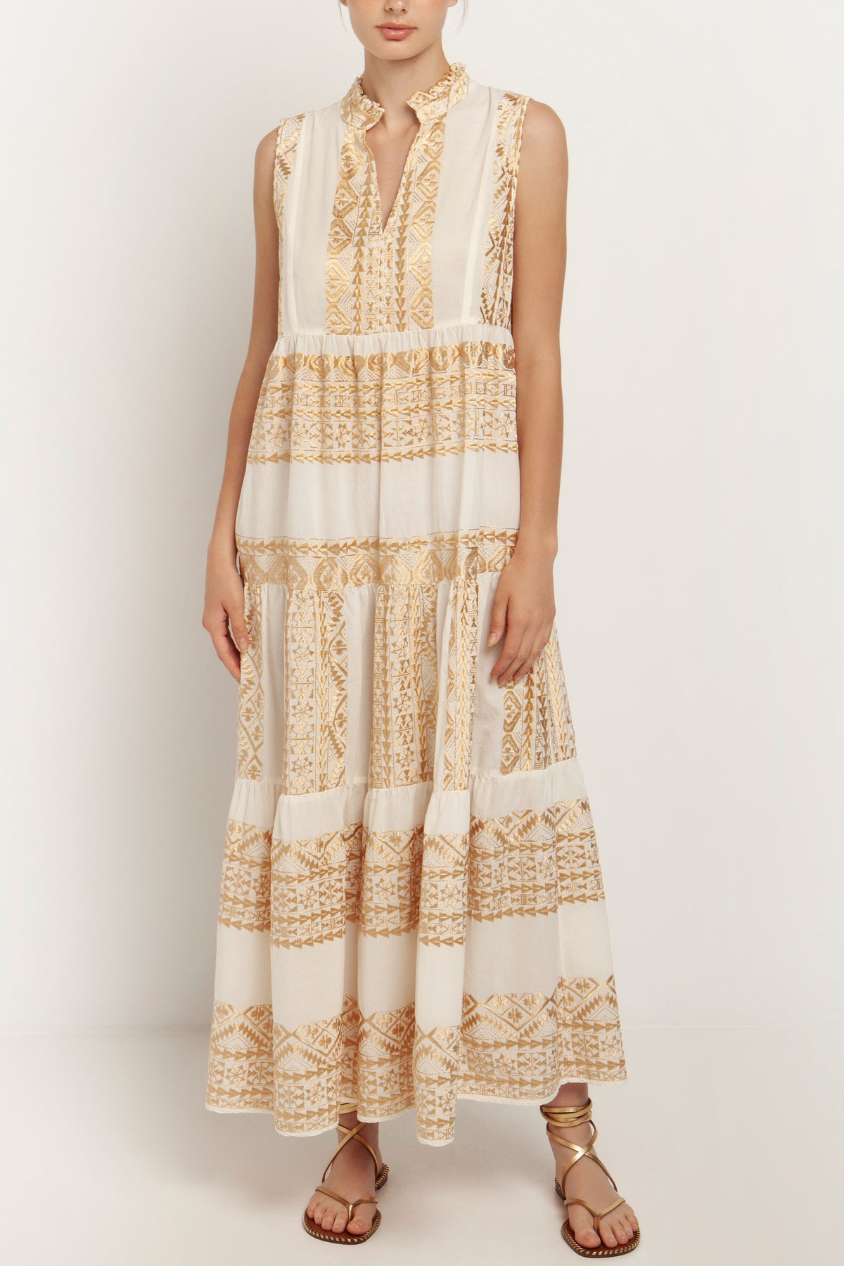 LONG SLEEVELESS COTTON DRESS "EMBROIDERED" WHITE/GOLD