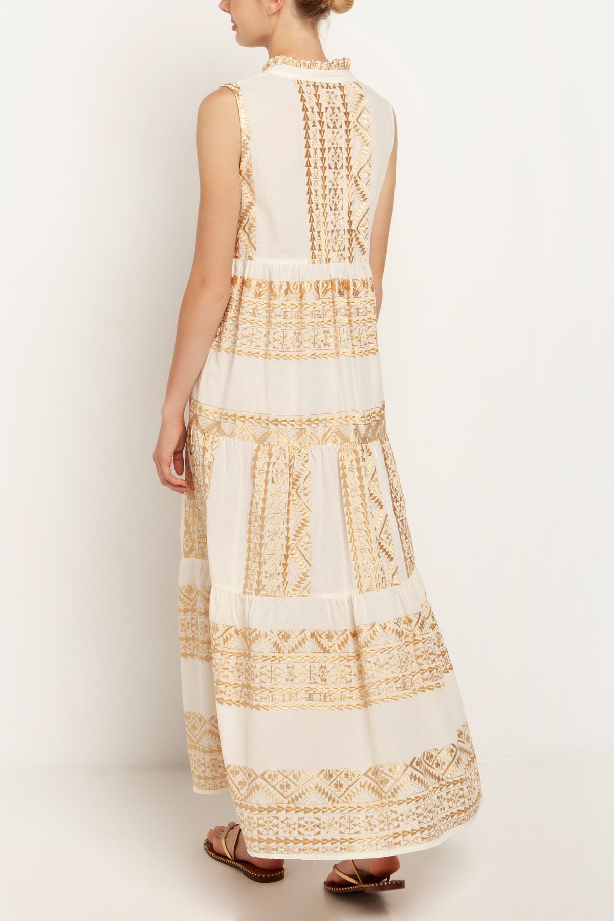 LONG SLEEVELESS COTTON DRESS "EMBROIDERED" WHITE/GOLD