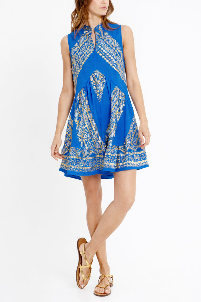 SHORT SLEEVELESS COTTON DRESS "EMBROIDERED" RAF BLUE/GOLD