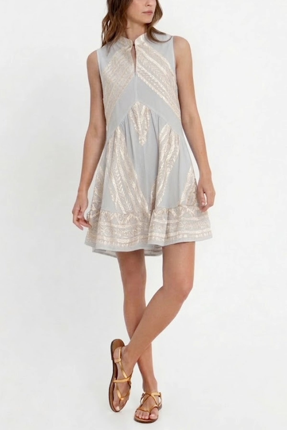 SHORT SLEEVELESS COTTON DRESS "EMBROIDERED" LIGHT GREY/CHAMPAGNE