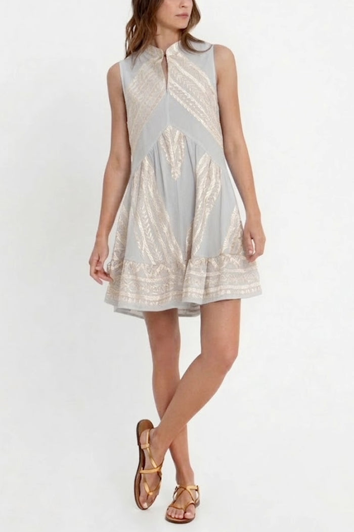 SHORT SLEEVELESS COTTON DRESS "EMBROIDERED" LIGHT GREY/CHAMPAGNE