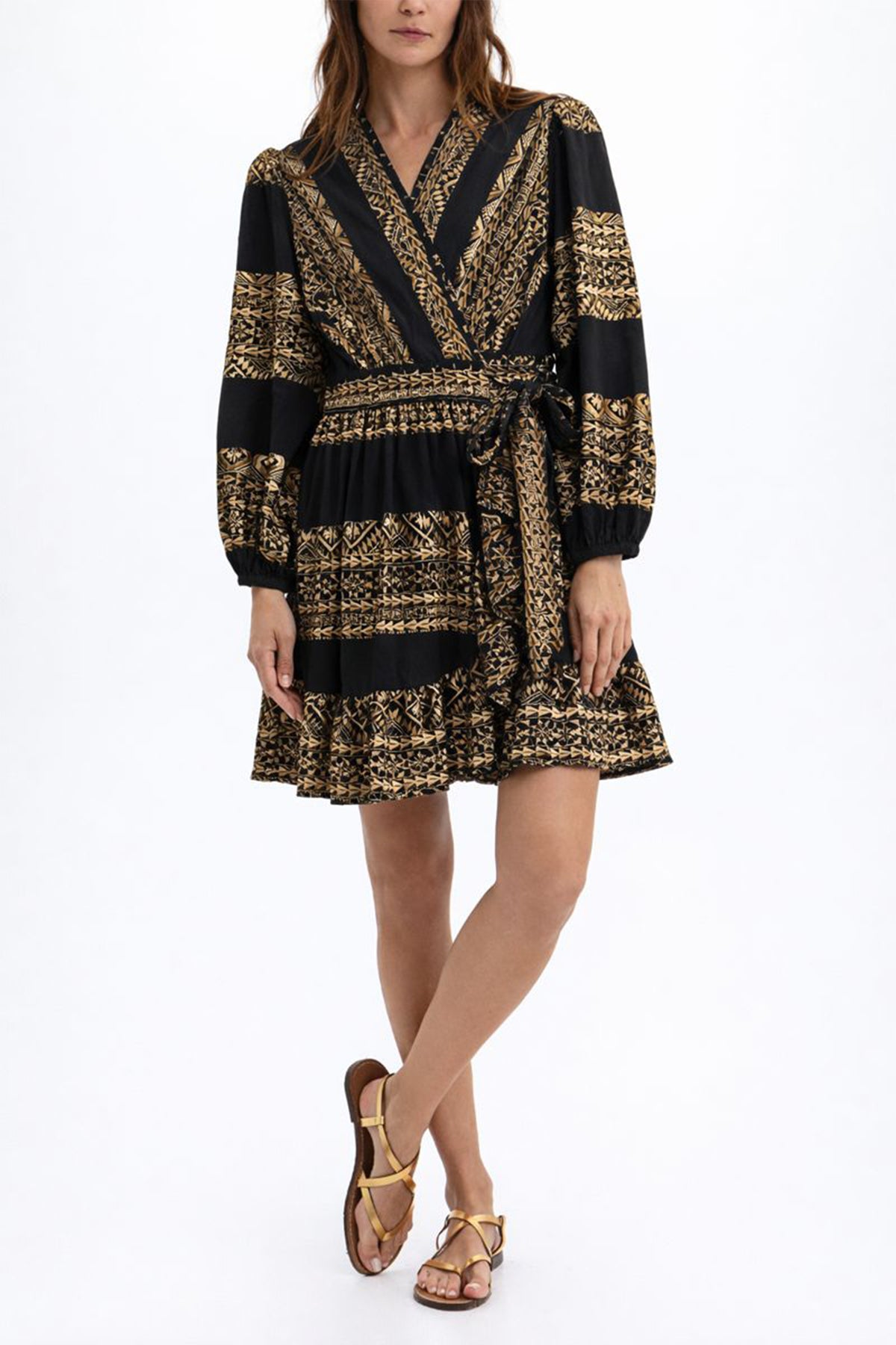 SHORT COTTON WRAP DRESS "EMBROIDERED" BLACK/GOLD