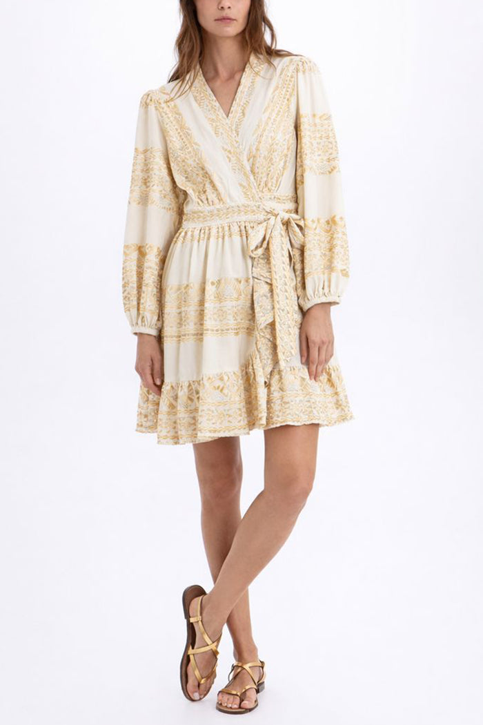 SHORT COTTON WRAP DRESS "EMBROIDERED" NATURAL/GOLD
