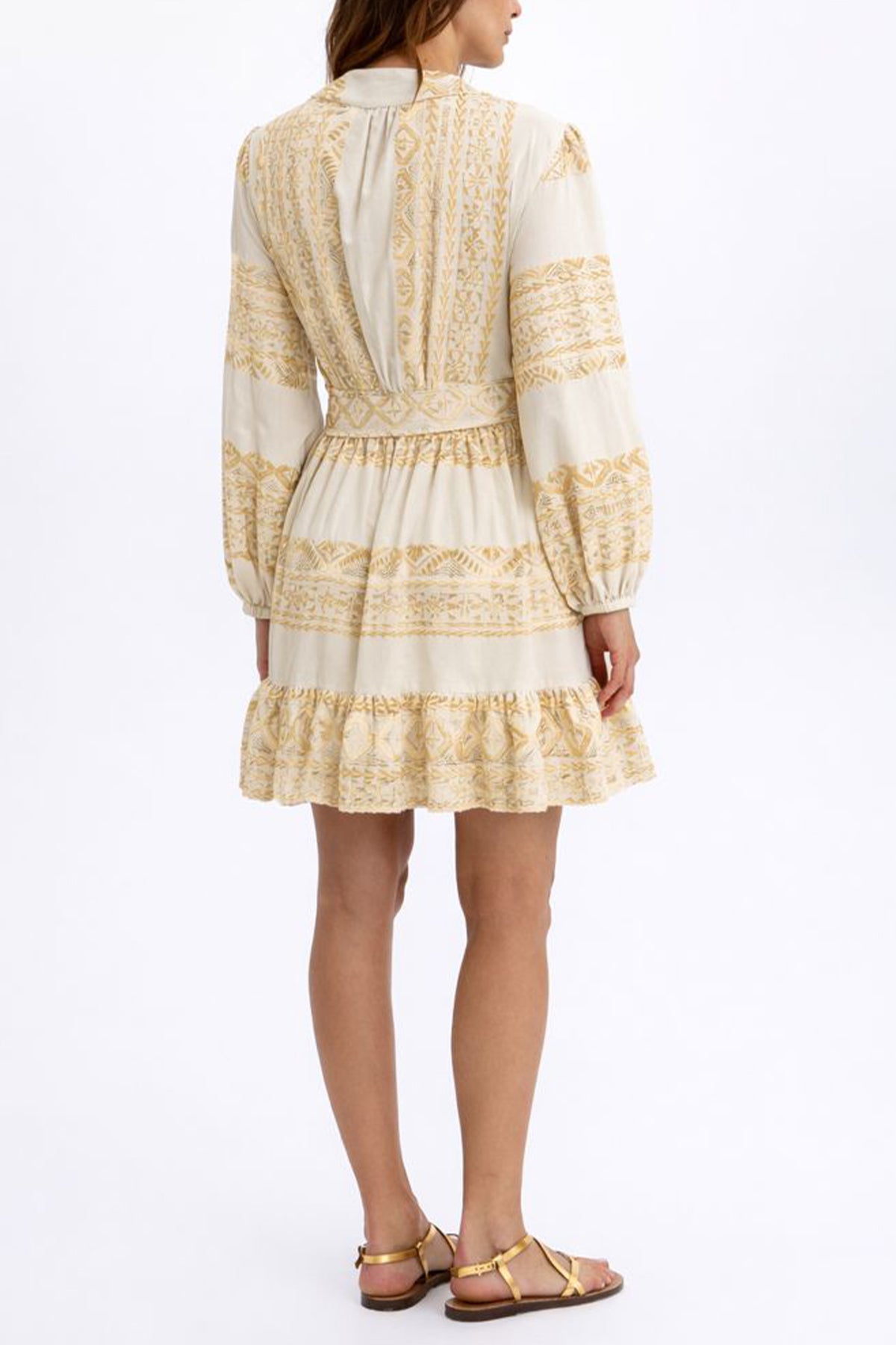 SHORT COTTON WRAP DRESS "EMBROIDERED" NATURAL/GOLD