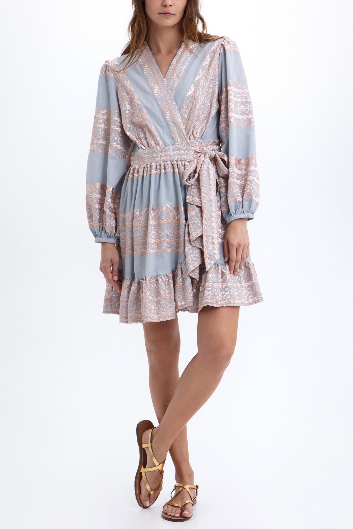 SHORT COTTON WRAP DRESS "EMBROIDERED" LIGHT GREY/PINK