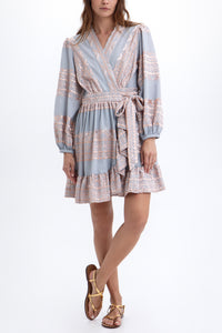 SHORT COTTON WRAP DRESS "EMBROIDERED" LIGHT GREY/PINK
