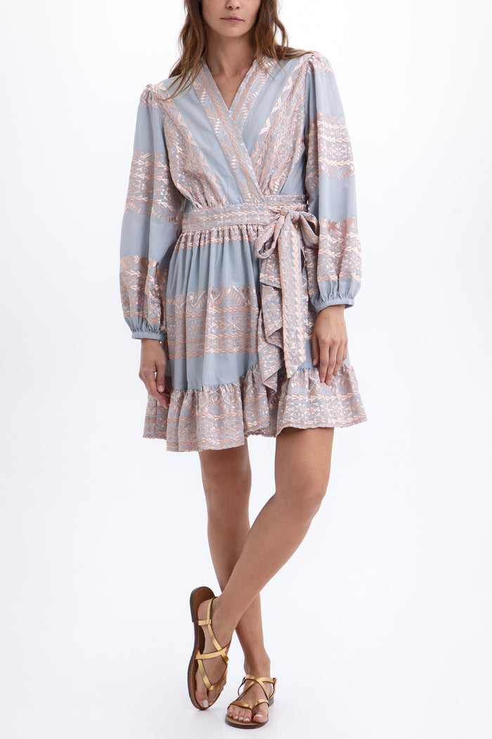 SHORT COTTON WRAP DRESS "EMBROIDERED" LIGHT GREY/PINK
