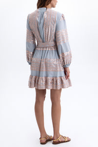 SHORT COTTON WRAP DRESS "EMBROIDERED" LIGHT GREY/PINK