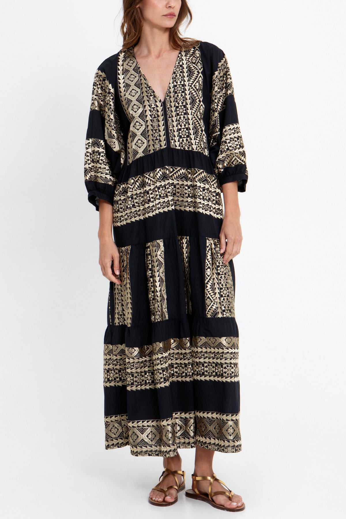 MIDI COTTON DRESS WITH BALLON SLEEVES "EMBROIDERED" BLACK/GOLD