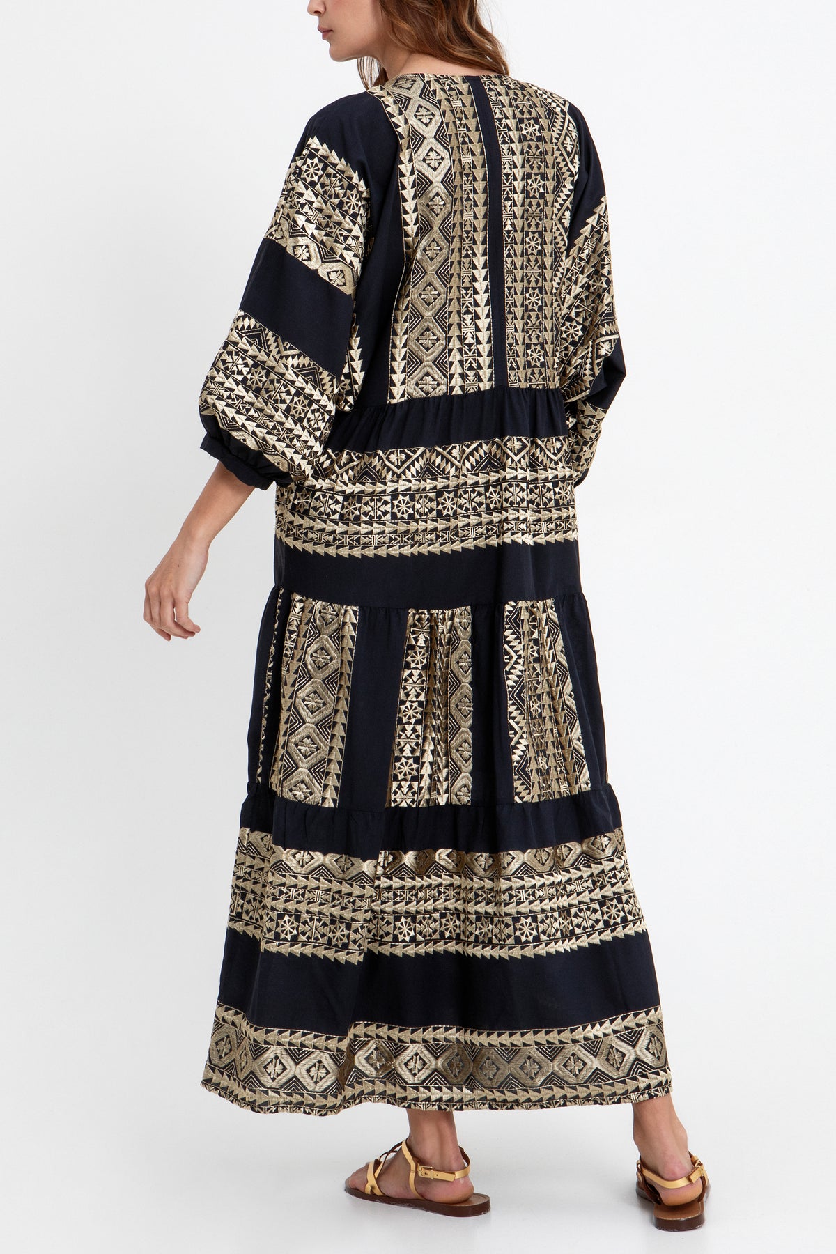 MIDI COTTON DRESS WITH BALLON SLEEVES "EMBROIDERED" BLACK/GOLD