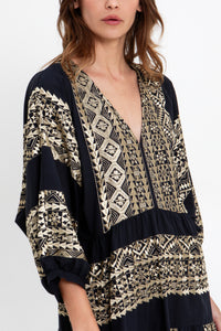 MIDI COTTON DRESS WITH BALLON SLEEVES "EMBROIDERED" BLACK/GOLD