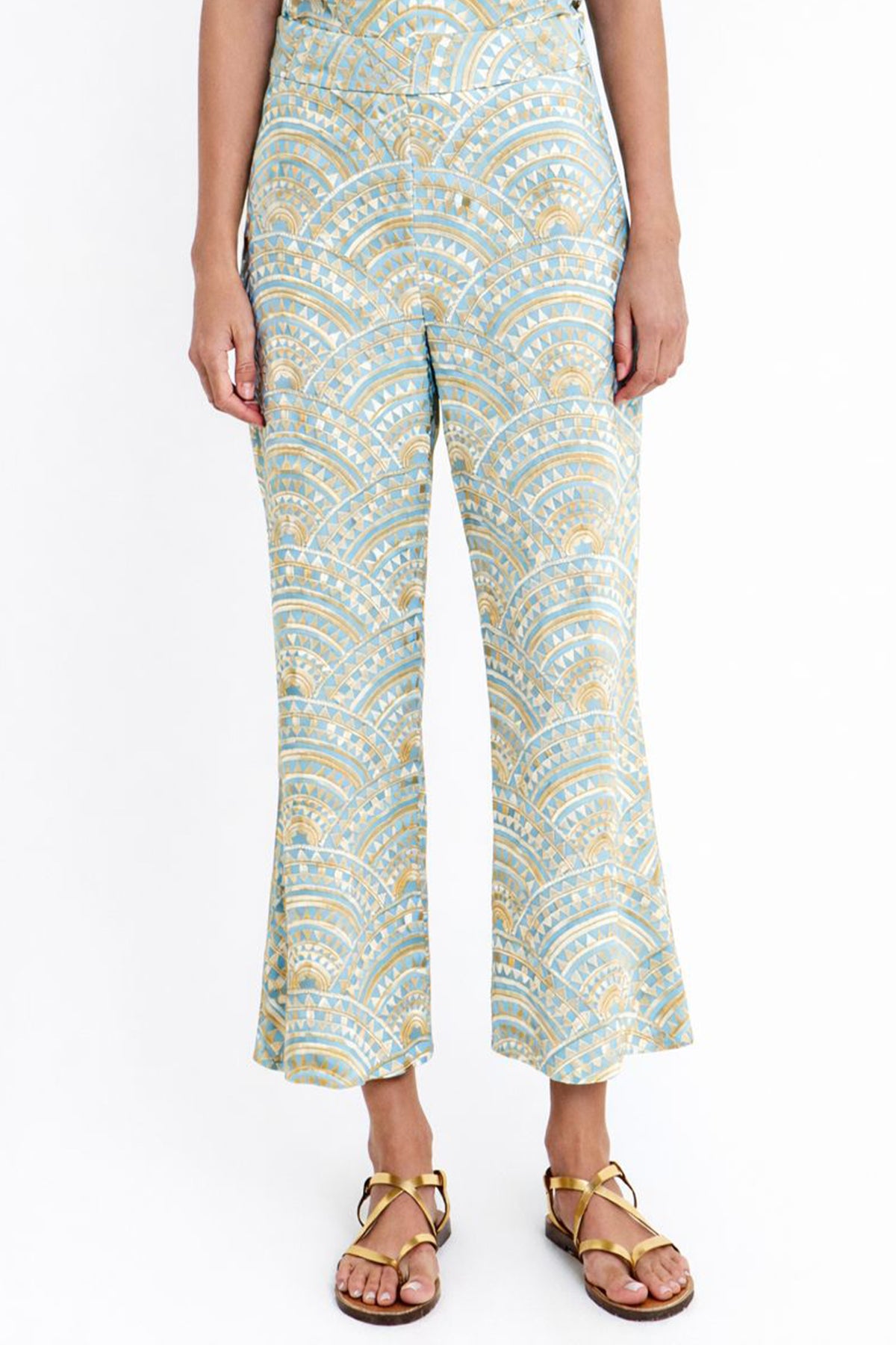 CROPPED EMBROIDERED COTTON PANTS "TRIANGLE" CIEL/GOLD