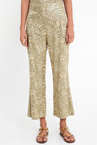 CROPPED EMBROIDERED COTTON PANTS "TRIANGLE" SAGE/GOLD