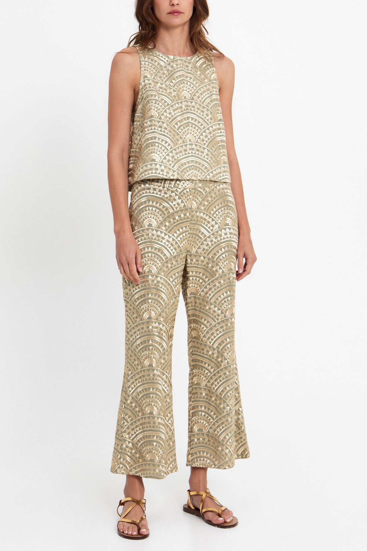 CROPPED EMBROIDERED COTTON PANTS "TRIANGLE" SAGE/GOLD